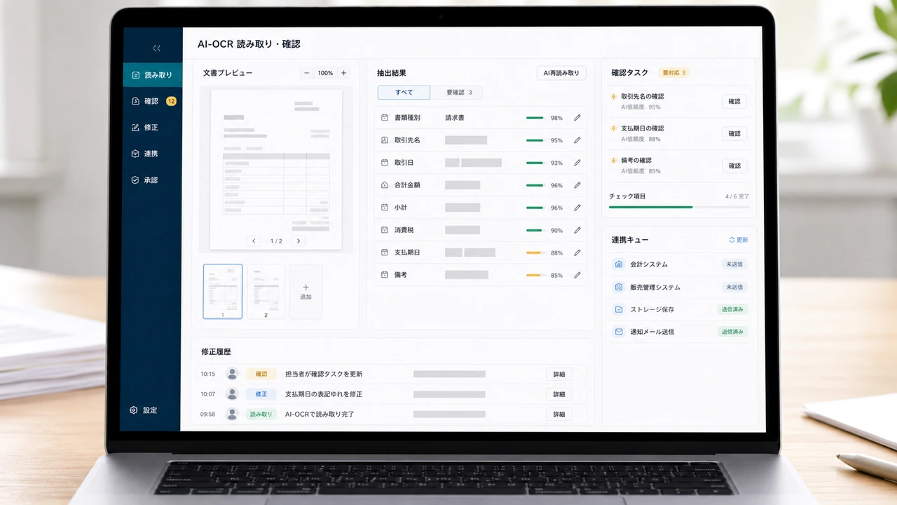 請求書や領収書をAIで読み取ってデータ化しているイメージ