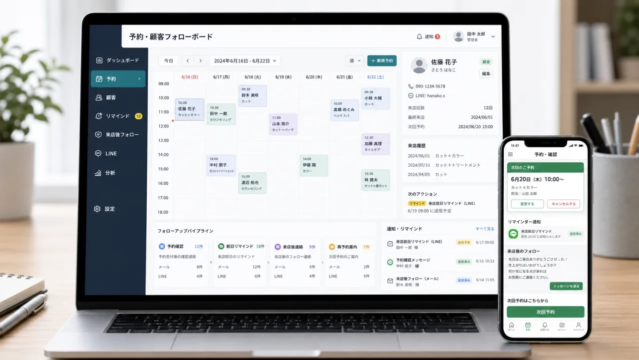 予約受付から来店後のフォローまでを一つの流れにまとめたイメージ